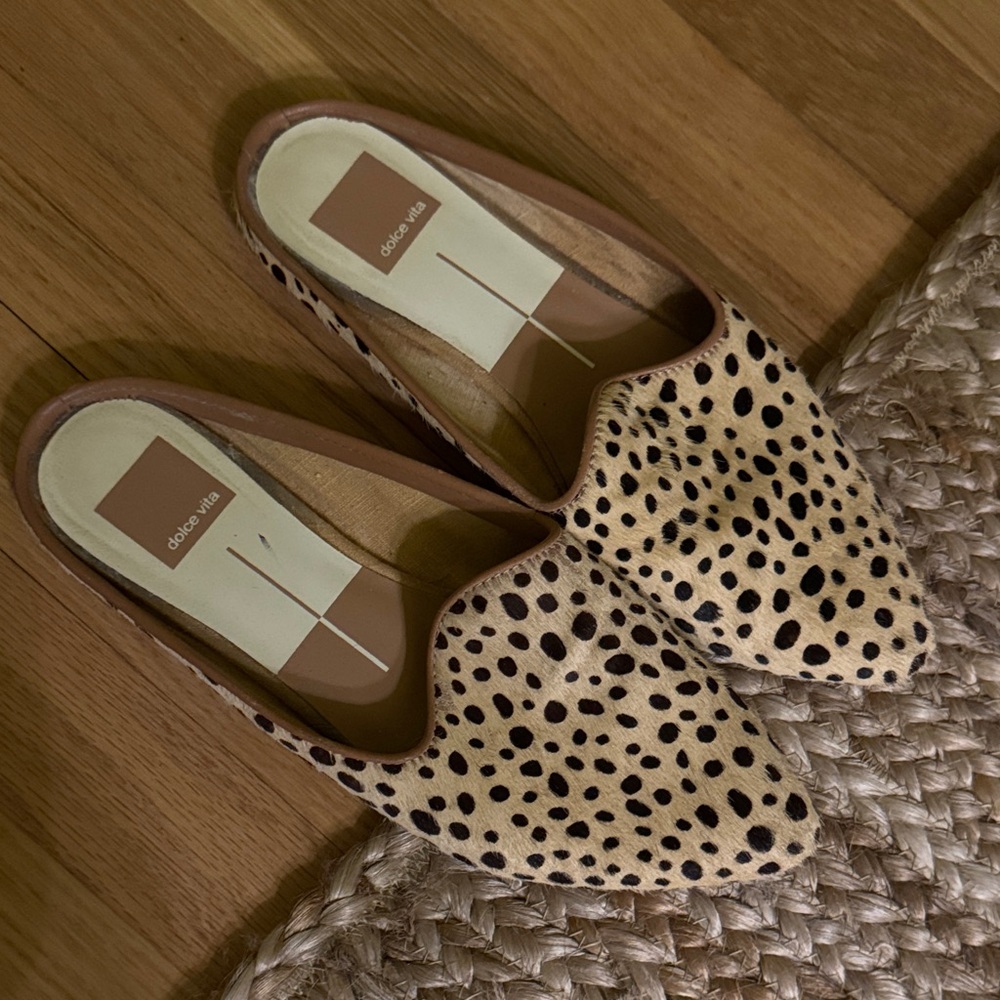 Dolce Vita Spotted Tan and Black Mules